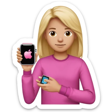 gender neutral person wearing a pink long sleeve shirt, loose hair, wearing a watch on the arm, holding a cellphone in hand, apple emoji style sticker