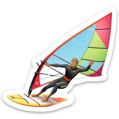 A windsurfer gliding across the ocean, with a vibrant sail catching the wind. The scene captures the motion of the board riding the ocean waves, surrounded by the bright blue sky and ocean, symbolizing the excitement and skill required in the sport of windsurfing. sticker