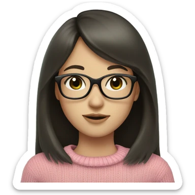 Girl with long dark brown hair and bangs and black glasses pale skin pink sweater green eyes sticker