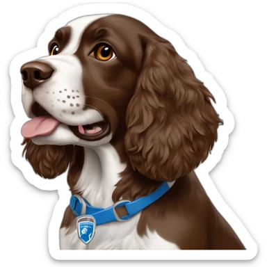 brown springer spaniel wearing detroit lions football helmet sticker