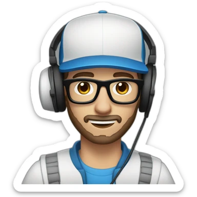 blue eyed scruff white man in a backwards baseball black hat and rectangle glasses wearing headphones with microphone - brown hair sticker