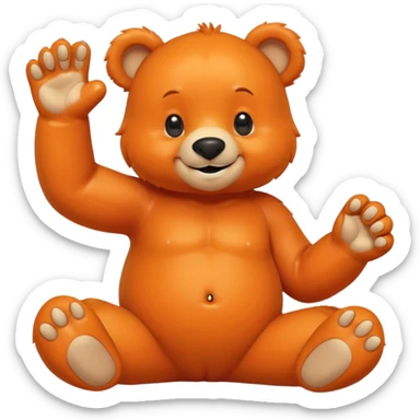 Create a orange friendly bear, make him look like from a kid cartoon and make him smile. Show his whole body. Make him look shy and cross his leg while pointing his index finger towards each other sticker