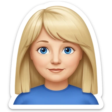50 yr old white woman, curtain bangs, very long straight blond hair, oval face, small smile, blue eyes, slightly chubby face sticker