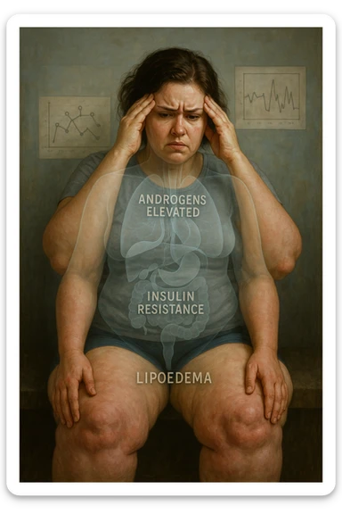 cinematic realistic in italiano Woman with PCOS struggling with hormonal chaos, transparent overlay showing elevated androgens and insulin resistance affecting her body, lipedema causing disproportionate fat accumulation in legs and arms despite normal torso, expression of frustration with unexplained weight gain, medical charts showing complex endocrine dysfunction, painful swollen limbs contrasting with metabolic confusion scrivi in italiano sticker