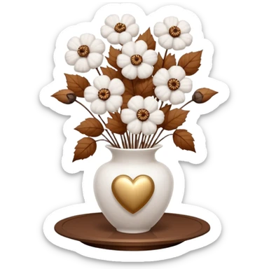 a bouquet of cotton flowers with brown dried petals, in a white ribbed vase on a white tray. next to it is a figurine in the form of a white heart, with sparkles sticker