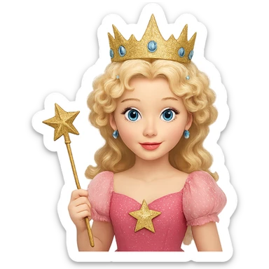 Change Glinda's dress to pink, keep her happy expression, blonde curls, glittery crown, and star wand. Remove the background. The style should resemble a cheerful fairy tale character with a magical and sparkly appearance. sticker