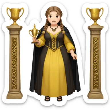 Helga Hufflepuff,brown-haired,2 braids,yellow-black medieval open dress,deep neckline,fat macromastia,black cloak decorated with gold braiding,gold cup with two handles,very kind smile,curvy busty,round rosy cheeks,full length with medieval shoes, inscription in pink heart says:"I love HELGA" sticker