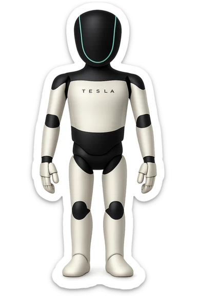 Create a fullbody Tesla robot emoji with the exact head from the reference image. The robot should have arms down pose, neutral expression, and be in the apple emoji style. The style should be respected as closely as possible in the edit. sticker