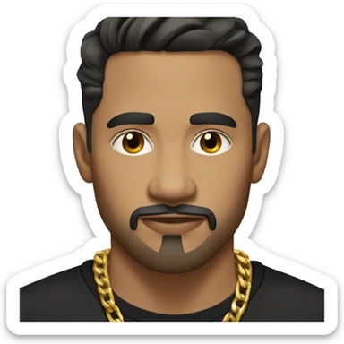 casual portrait of a light brown male in black shirt with gold chain and short black hair with a fade and light facial hair stubble sticker