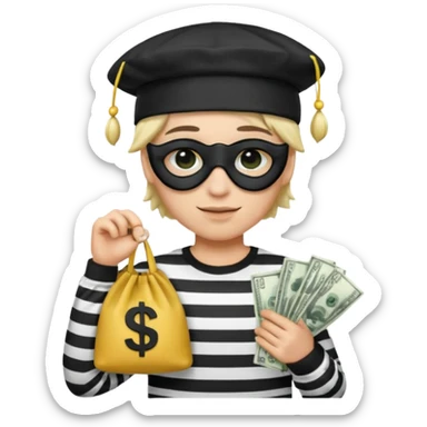 Realistic ios emoji-style portrait of a classic burglar, a black eye mask and a black-and-white striped shirt. emoji-like hair, black hat, a bag of money 💰 with a dollar sign in a right corner  sticker