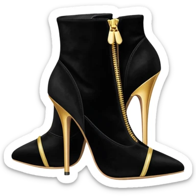 black velvet and realistic gold zipper 10 inch ankle bootie stilettos, still life, render. sticker