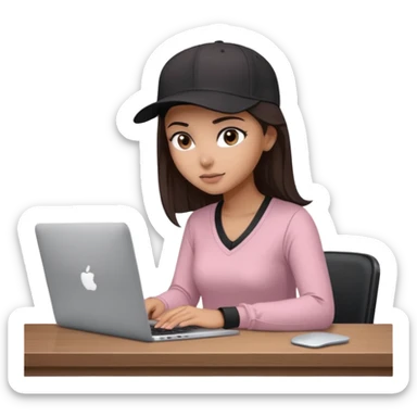 A professional 3D avatar of a young woman with olive skin and long, dark brown hair, wearing a dark, long-sleeved V-neck dusty pink shirt and a black baseball cap. She's sitting at a sleek wooden desk, typing and looking at a silver MacBook.  sticker