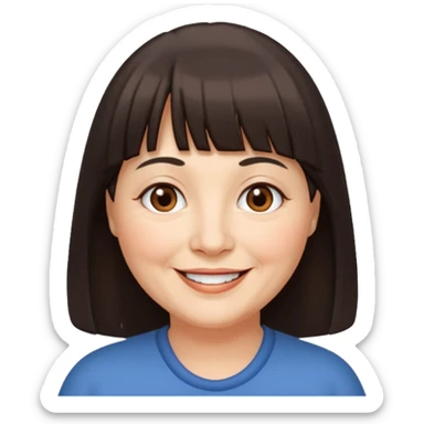60 yr old woman, very small brown eyes, long hair, straight dark brown hair, bangs, chubby, long face sticker