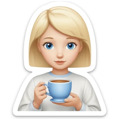 angelic blonde girl with short hair and blue eyes holds a cup sticker