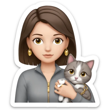 a white girl with brunette hair in brain that is over her shoulder. shes holding a grey cat. the girl has long lashes and has on a grey zip up that is half way zipped  and under a white shirt and gold jewelry that is gold bracelets. sticker