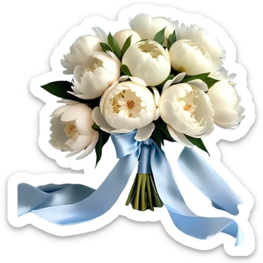 A lush bouquet of full-bloom white and pale blue peonies rests gently atop a flowing powder blue silk cloth. The petals, kissed with a subtle pearl sheen, seem to glow under the soft morning light. A delicate ivory ribbon, loosely tied in an effortless bow, drapes over the bouquet, its edges curling with natural grace. The silk background shimmers with movement, enhancing the dreamy elegance of the composition.
 sticker
