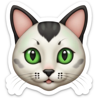 Haz una gata de ojos verdes la cara blanca con mancha negra en las orejas que agarra parte de la frente del lado der pero del iz va desde el ojo hasta la oreja la mancha, tiene la nariz negra en forma de corazón y todo lo que sobra de la cara, barbilla la nariz arriba y el lado de bigotes es blanca sticker