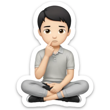 Cartoon Asian boy sitting cross-legged, clearly resting his closed fist against his cheek, looking thoughtful with a slight smirk. White polo, gray pants, black shoes, large eyes, short black hair. Clean vector style, flat colors, black background. sticker