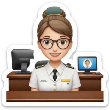 Young girl, bun hair, wearing uniform of reception with hotel name badge, glasses, stand behind the desk

 sticker