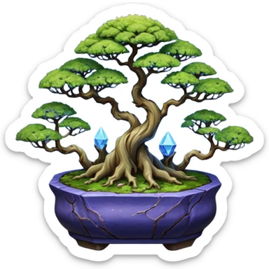 Cracked Futuristic wild glowing space alien moss maples shohin Bonsai hair-pine-leaf group multi faceted intricate hobbit-inspired boxwood purple blue informal rocky cliffhanger eight trees forest planting in shallow willow slab style pot with big animal-like feet  sticker