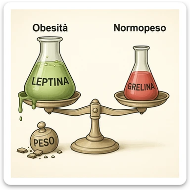 Illustrazione clinica in italiano: bilancia con leptina (verde) e grelina (rossa). Lato obeso: etichetta 'Obesità', leptina che straborda, bilancia ferma, pesi di leptina etichettati 'Peso' rotti sul pavimento. Lato normopeso: etichetta 'Normopeso', bilancia in equilibrio, grelina normale. Tutte le scritte interne sono in italiano. Stile endocrinologico, 4K. Style: endocrinologico, clinical illustration, detailed. sticker