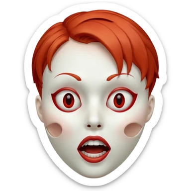 Empty mask resembling a head of a female with short red hair, hollow eye sockets and open mouth sticker