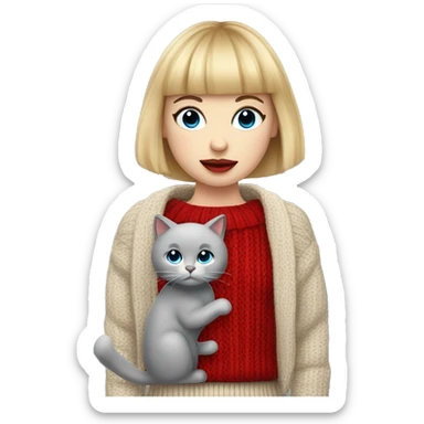 girl with blonde bob hair and bangs (a fringe) with blue eyes, long eyelashes and red lipstick wearing a red cable knit sweater. She must be holding a grey cat sticker