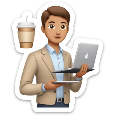 business owner confidently, holding a closed laptop in one hand and a takeaway coffee cup in the other. The character wears casual-smart clothes. sticker