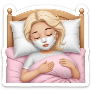 Girl sleeping peacefully with a white beauty face mask on, self care routine. baby pink bedding  sticker