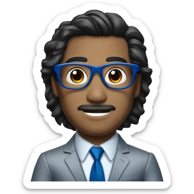 man in blue suit and red tie, black eyes with metallic glasses, black hair, showing hands sticker