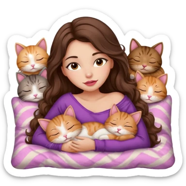 girl with long wavy brown hair, brown eyes, long lashes makeup, sexy pink lips, light to medium complexion, sleeping on a cozy pillow with 6 cats sticker