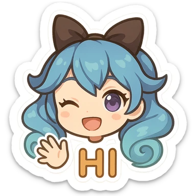 Gwen from League of Legends, hi emote, chibi style, only head, right eye purple, waving hand, sample 3 sticker