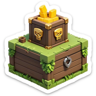 Clash of Clans aesthetic: Cinematic Playful Pixel 3D loot crate Emoji, rendered in a 3D vector-style similar to standard emojis with minimal shading and bold, simplified shapes. A compact, distinct form with signature details, softly glowing with a pixelated adventure charm. Simplified yet unmistakably iconic, highly detailed and consistent, glowing with a soft radiance and high shine. Stylized with a touch of classic pixel-art charm and a soft glowing outline, capturing the essence of a beloved gaming relic with a friendly, playful manner! sticker