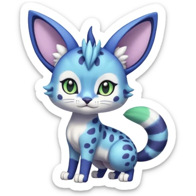 Exotic tropical shiny cute realistic Cobalt-Blue green purple black white Purloin-Meowstic-Minccino-Cinccino-serval-Meowth-caracal-fusion-hybrid-creature (full body) sticker