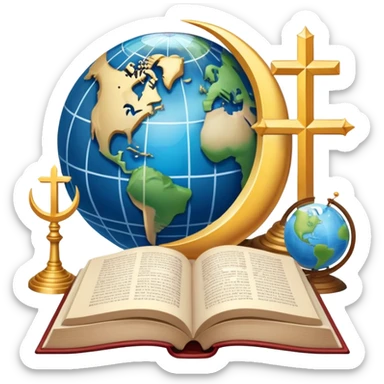 An icon featuring religious symbols like a cross, crescent moon, and star, alongside an open book, symbolizing the study of religion. The design includes a globe and a temple in the background, representing global faith traditions and spiritual exploration. Transparent background sticker