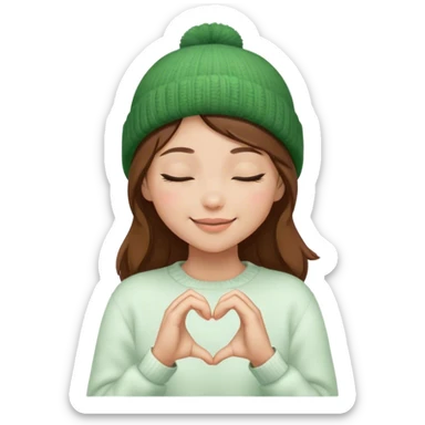 closed eyes peaceful brown hair girl closed eyes stylish in a green beanie hat in white sweater smiling making heart from her hands  sticker