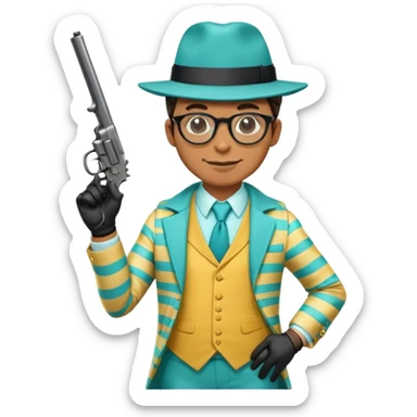 a detective in a yellow striped suit and turquoise vest, with a wide sly smile and wearing a hat, glasses, black gloves, holding a revolver sticker