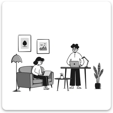 escenary 3d of a cozy mid-century living room with two people working on laptops, one man standing at a desk and one woman sitting on a couch, two walls and floor visible sticker