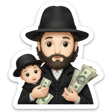 Jewish rabbi wearing traditional religious apparel with two side hair curls holding money and baby sticker