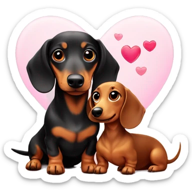 Two mini dachshund of different sizes and colours in love with a love heart in front  sticker