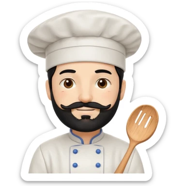 CHEF CON PIEL BLANCA, GORRO DE CHEF, PELO NEGRO Y BARBA NEGRA, OJOS MARRON OSCURO. SONRIE Y TIENE MARCAS DE BESOS CON FORMA DE LABIOS EN LAS MEJILLAS  sticker