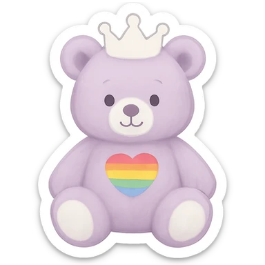 Change the crown to white on the purple and white teddy bear with a heart-shaped rainbow patch. Keep it soft and plush with no shadows and flat lighting. Remove the background. sticker