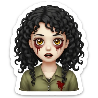 Emoji garota zombie sem ferimentos no rosto com cabelo preto cacheado longo com franja cacheada sem volume sticker