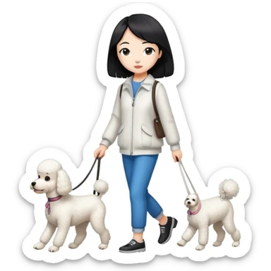 one dog (white poodle) walking with owner (Asian girl with straight black hair) sticker