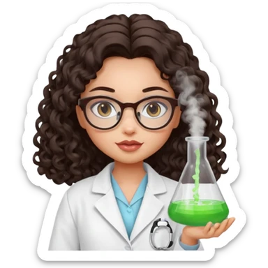 realistic bratz doll with long loose curly dark brown hair, glasses that are round cat eye vibes, in a lab coat mixing beakers that glow sticker