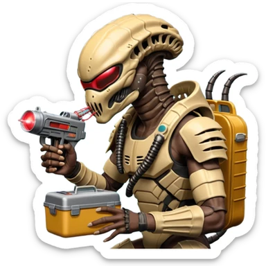 The Predator, as in the 1987 movie, with full armor, shoulder laser gun and mask eating an Alien facehugger from a lunchbox, the setting should be dark and sci-fi. sticker