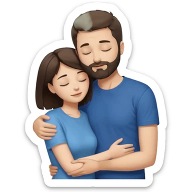 draw a man and a woman hugging each other passionately. looking toward each other. woman has short hair. man has short hair and beard. draw them with closed eyes. woman has dark brown hair. and man has light brown. make them both wearing t shirts. sticker