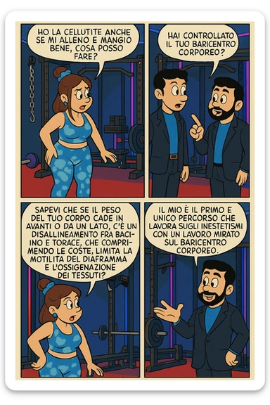 TRASFORMA QUESTO CAROSELLO IN UN FUMETTO STILE FUMETTO TOPOLINO CON QUESTE DUE PERSONE IDENTICHE CHE INTERLOQUISCONO TRA LORO:

LEI: Ho la cellulite anche se mi alleno e mangio bene, cosa posso fare?

LUI: Hai controllato il tuo baricentro corporeo?
LUI: Sapevi che se il peso del tuo corpo cade in avanti o da un lato, c’è un disallineamento fra bacino e torace, che comprimendo le coste, limita la motilità del diaframma e l’ossigenazione dei tessuti?
LUI: Il mio è il primo e unico percorso che lavora sugli inestetismi con un lavoro mirato sul baricentro corporeo. sticker