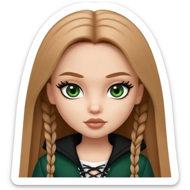 pretty bratz girl, long straight LIGHT BROWN HAIR, dark green eyes, black eyeliner, pale skin, black clothes with laces sticker