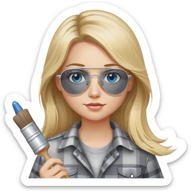 girl with long blond hair, wearing grey plaid shirt with blue eyes and aviator sunglasses wearing a ring on her silver necklace, holding a paint brush roller with a small bit of paint on her face sticker